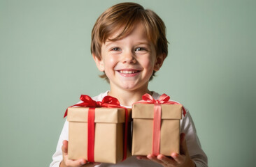 Happy boy toddler holds gift box with red ribbon. Smiling child, close up