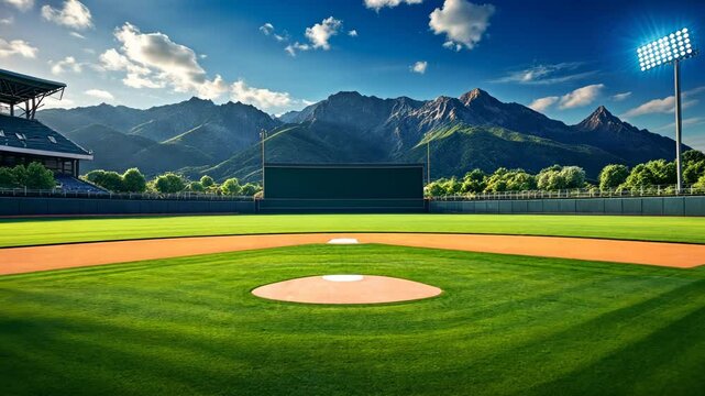 scenic baseball field with mountains in background on a bright day