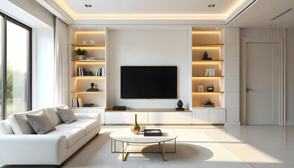 A living room interior with white built-in shelf and tv cabinet.