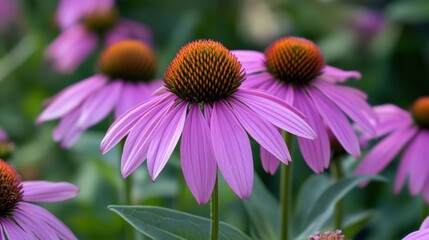 Bright pinkish-purple petals of echinacea bloom in a lush garden setting promoting health and beauty during the sunny afternoon