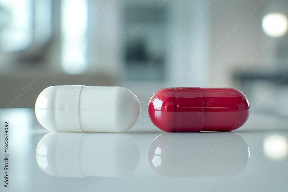 Poster close up of two white and red capsule pills on a white table with soft shadows and clean focus