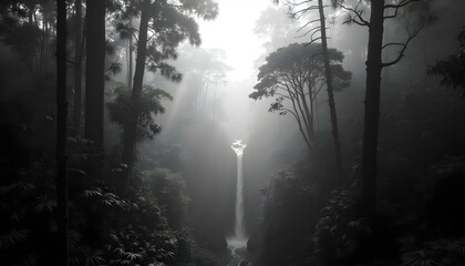 Obraz premium Dark green tropical rainforest canopy with morning mist gently swirling through the trees