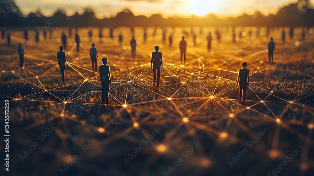 Aufkleber silhouetted figures connected by glowing digital links at a sunset business networking event