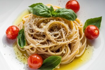 Pasta dish with fresh basil and cherry tomatoes, beautifully presented with a drizzle of olive oil