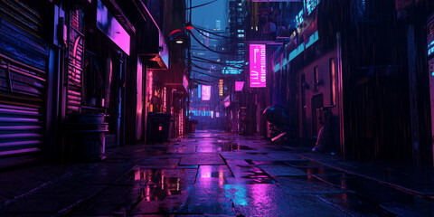 A cyberpunk 3D background depicting a dark, rain-soaked alley illuminated by vibrant neon lights. The reflections on the wet pavement add depth and realism, immersing the viewer in a futuristic urban
