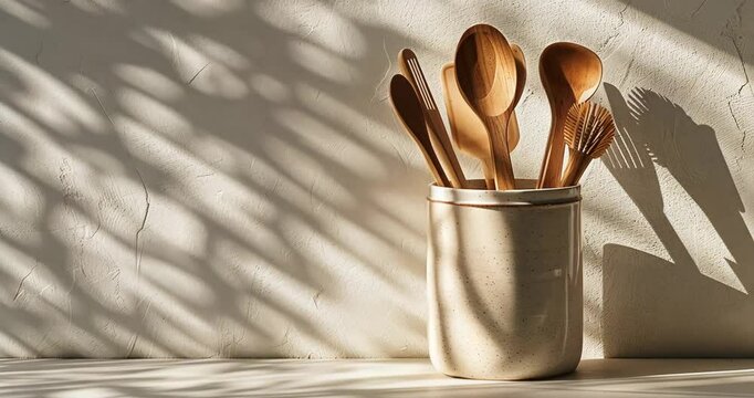 Wooden kitchen utensils arranged in a stylish container with soft sunlight and shadows enhancing the calm ambiance