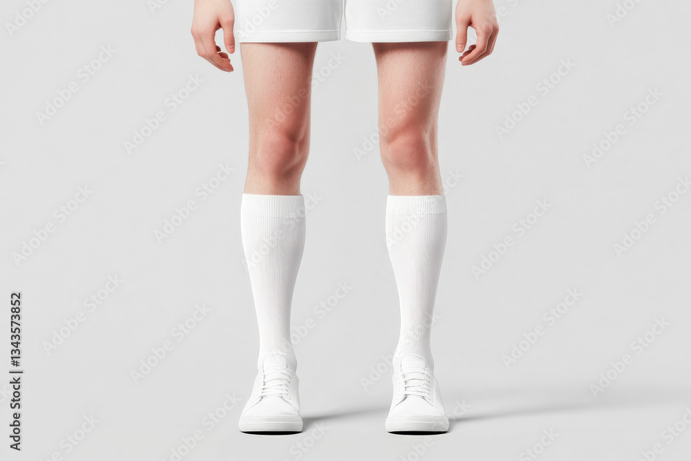 Poster model showcasing white socks in a minimalist studio setting with a neutral background