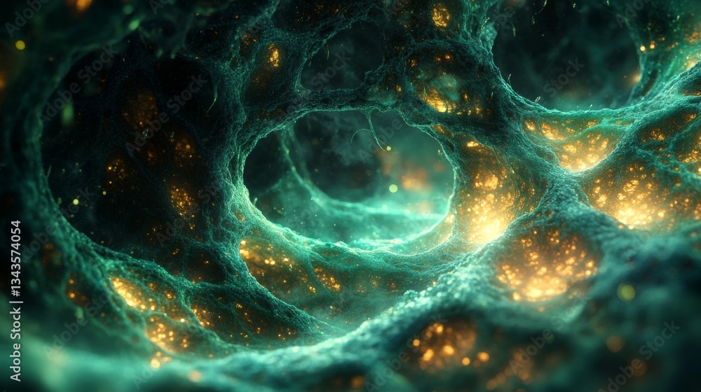 Wall mural abstract organic background with glowing particles and intricate network texture microscopic