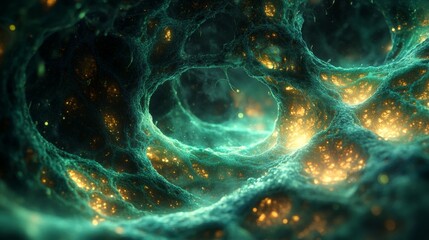 Abstract organic background with glowing particles and intricate network texture microscopic