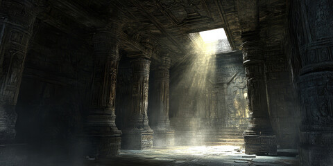 A mysterious 3D background of an ancient, dimly lit stone temple with towering columns. Faint light beams shine through cracks in the ceiling, illuminating intricate carvings on the walls. Dust