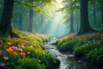 A misty morning in the forest reveals vibrant wildflowers and a meandering stream through lush greenery , streams, forest, foliage