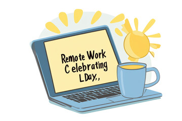 Remote Work Celebrating LDay Laptop, Coffee, Sun Illustration