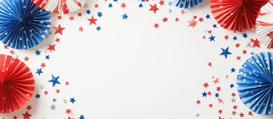 Festive red, white, and blue stars with paper fans on a white background.