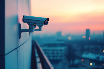 Surveillance Camera Mounted On Building Exterior With Sunset Over Cityscape Viewpoint Featuring Urban Scene At Dusk With Soft Colors And Geometric Design Elements And City Lights