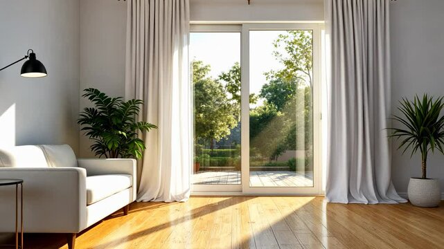 bright living room with sliding glass door, lush green landscape visible outside, natural sunlight and wood floor