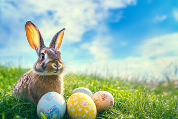 easter bunny and easter eggs. color ful easter egg and bunny in a grass 