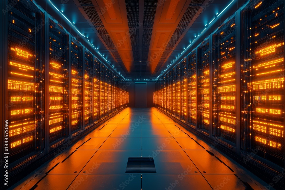 Poster futuristic high tech data center showcasing advanced server racks illuminated by orange lights