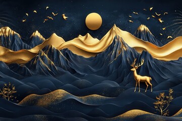 Transform your space with a 3D modern art mural of mountains, golden deer, and dark blue waves