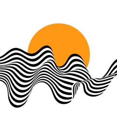 Abstract black and white wave is decorated with an orange circle. Eps 10