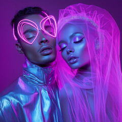 Fototapeta premium Create a vibrant, futuristic portrait of two stylized figures standing closely together