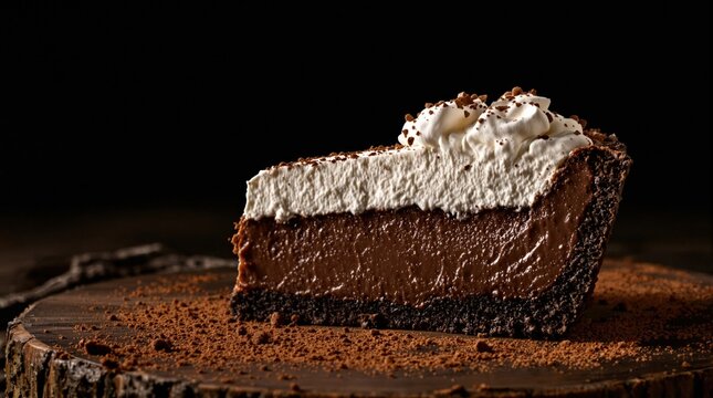 Indulgent Mississippi Mud Pie served on a rustic wooden board in dim lighting