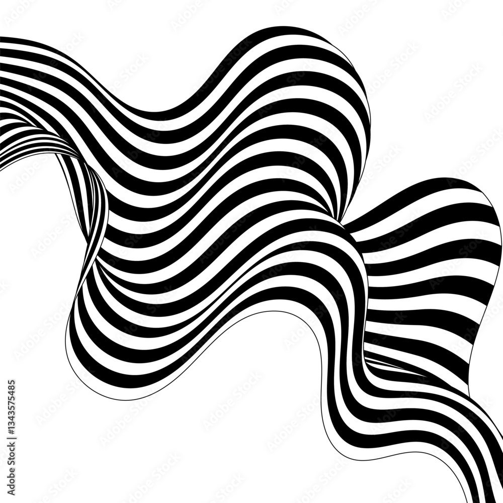Poster black on white abstract perspective lines of wavy lines with dimensional effect isolated on white. e