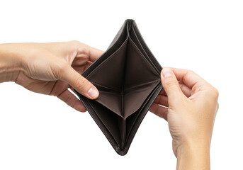 Hands holding an empty brown leather wallet