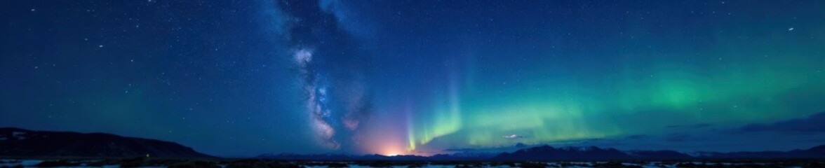 A vast expanse of night sky filled with countless twinkling stars and a hint of aurora borealis on the horizon,  dark skies,  galaxies,  space