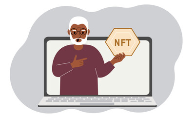 NFT concept. A laptop in which a old man with the image of NFT in the palm of his hand. Auction of non-fungible tokens, markets, online education. Vector flat illustration