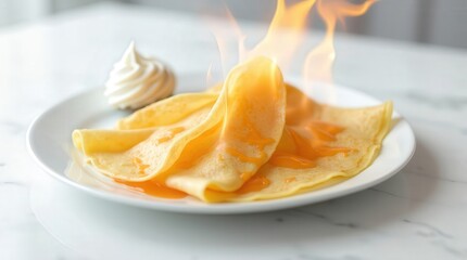 Delicious crepes Suzette flambe served with whipped cream on a marble table