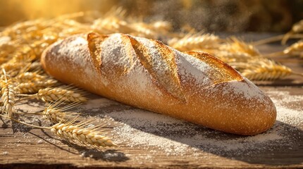 Freshly baked french baguette resting on wooden surface surrounded by wheat