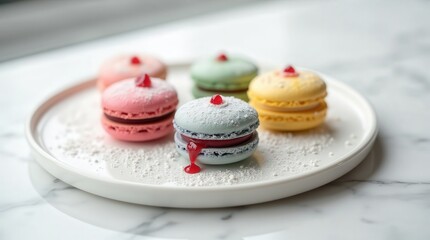 Colorful French macarons displayed on a white plate with a soft sprinkle of icing sugar