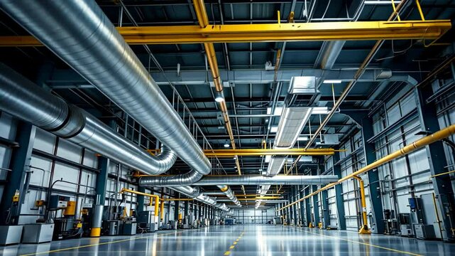 interior view of a large industrial facility with pipes, ducts, and metallic structures overhead