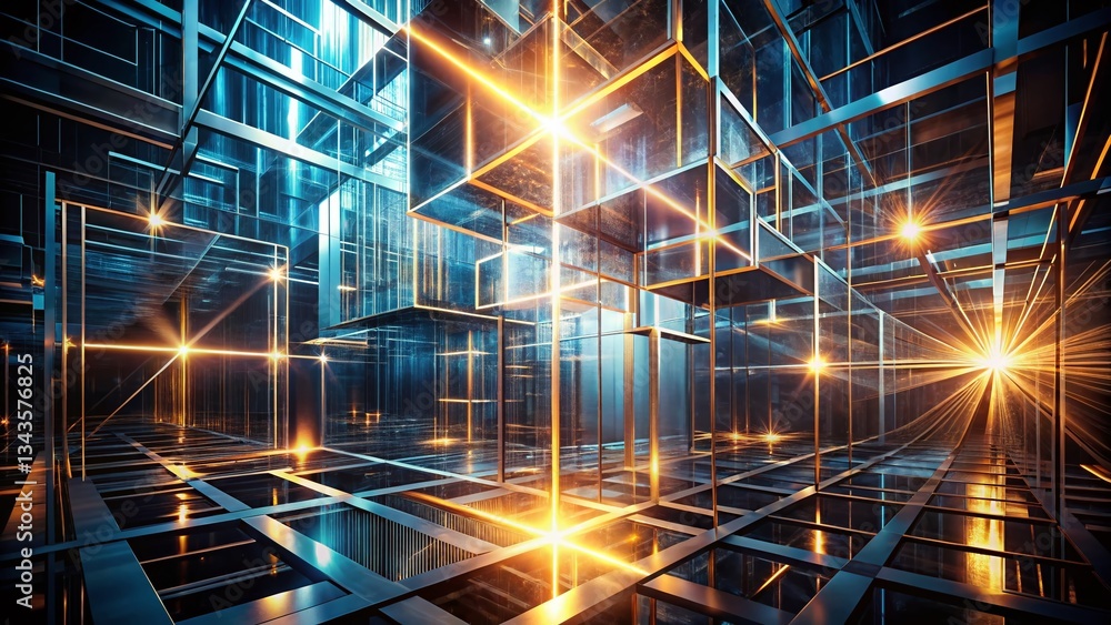 Poster abstract urban exploration: 3d rendered light patterns on dark background