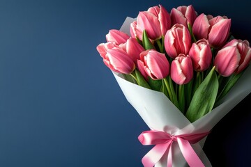 Fototapeta premium Elegant bouquet of pink tulips tied with a pink ribbon.