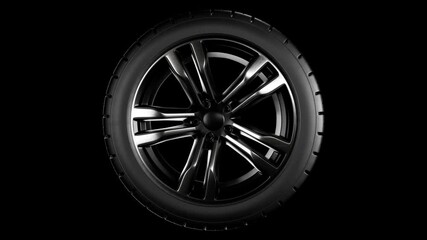 Spinning car wheel. Black rubber automotive tire. Auto service concept, changing wheels. Loop animation