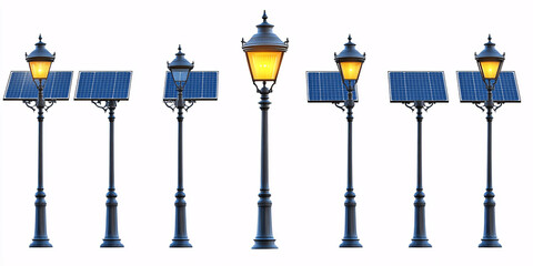 Five elegant solar-powered street lamps with various sizes.