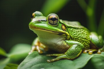 Fototapeta premium A close-up of a green frog perched on top of a rock, enjoying the view