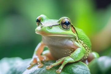 Fototapeta premium A green frog sits comfortably on top of a log, captured in stunning detail