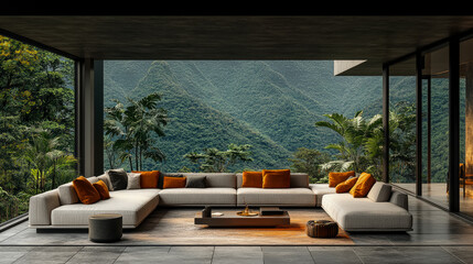 Fototapeta premium Tranquil Living: Interior sanctuary with sprawling couch, nature's embrace, for a serene escape and architectural elegance