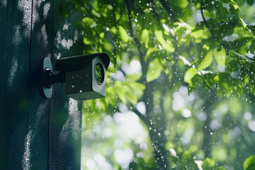 Surveillance Camera Surrounded by Lush Green Leaves in a Rainy Forest