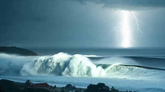 Olas gigantes y tormenta el&eacute;ctrica sobre la costa