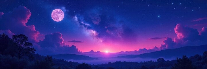 Fototapeta premium Dense starry sky with vibrant hues of indigo and purple, moonlit landscape, space, cosmic