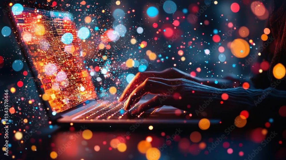 Aufkleber person using laptop with illuminated screen and bokeh effects