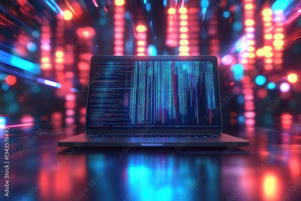 Poster a laptop screen up close, showing lines of code in a sleek tech workspace with soft blurred lights