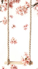 Obraz premium cherry blossoms around a long rope of a swing on a white background