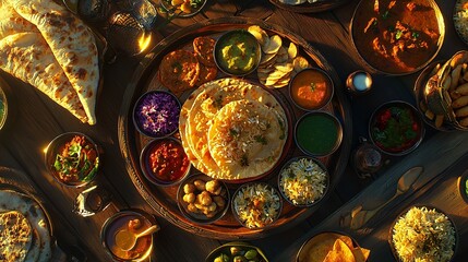 Overhead view of a Thali, a traditional Indian platter filled with various dishes