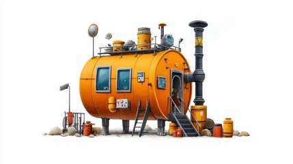 Fototapeta premium Colorful futuristic house with rounded design, equipped with numerous gadgets and a chimney, set against a bright background.