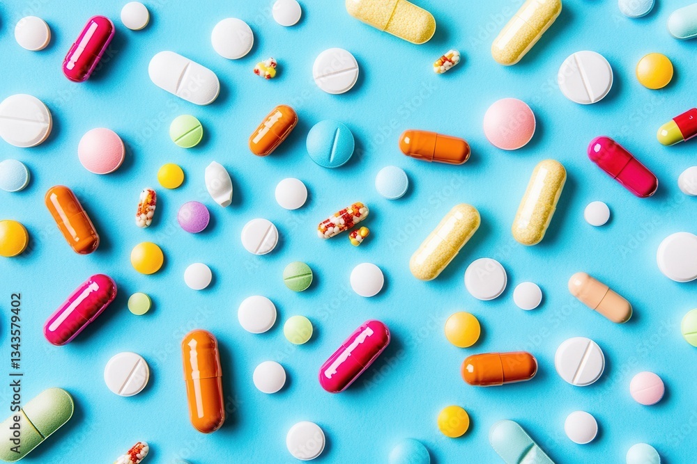 Poster a close-up of colorful pills and capsules scattered randomly on a blue background