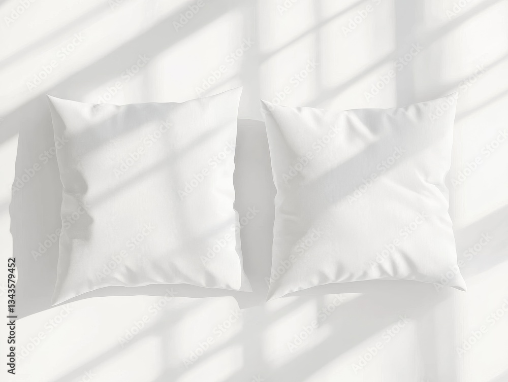 Poster soft white pillows arranged on a bright surface with sunlight creating shadows in the daytime